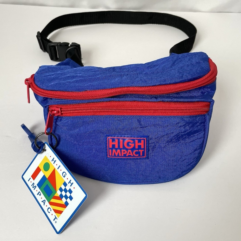 Vintage Fanny Pack High Impact Blue Red Waist Bag Retro Address Tag‎ Vtg 80-90s
